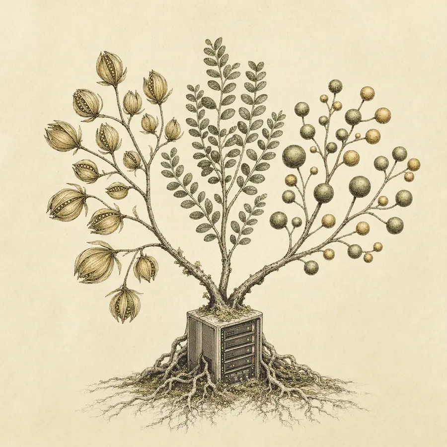 Engraved botanical specimen with trace pods, log leaves, and metric berries growing from a server rack
